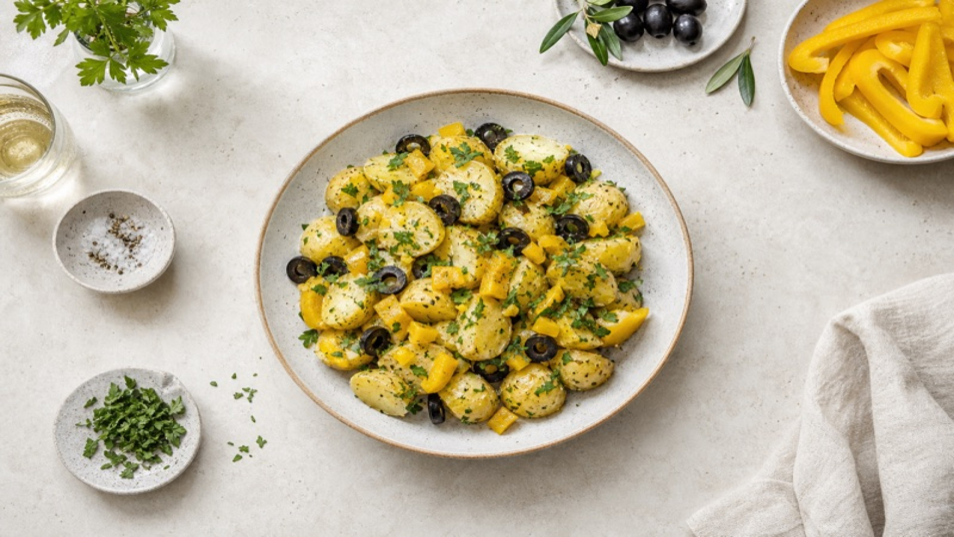 Würziger Kartoffelsalat mit gelber Paprika und Oliven