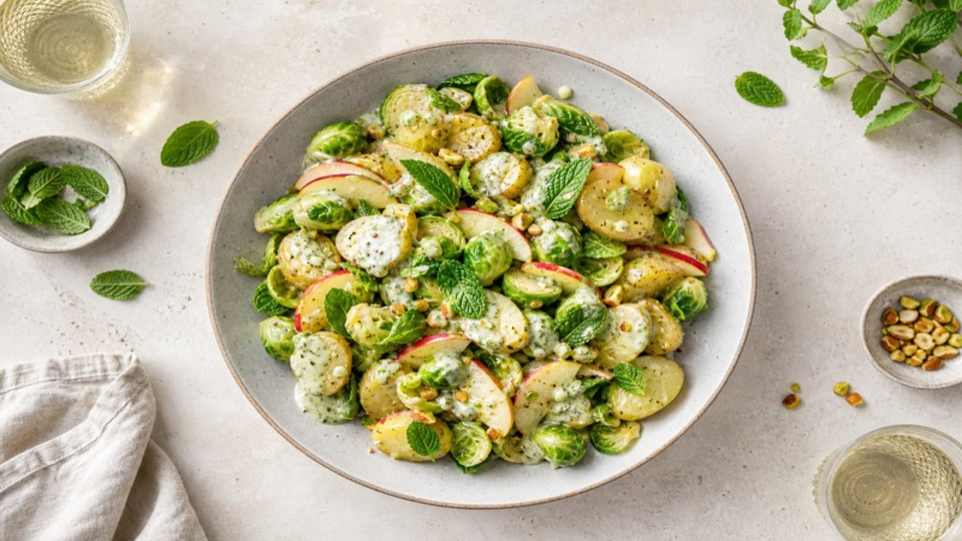 Würziger Kartoffelsalat mit Rosenkohl und Apfel-Minz-Dressing