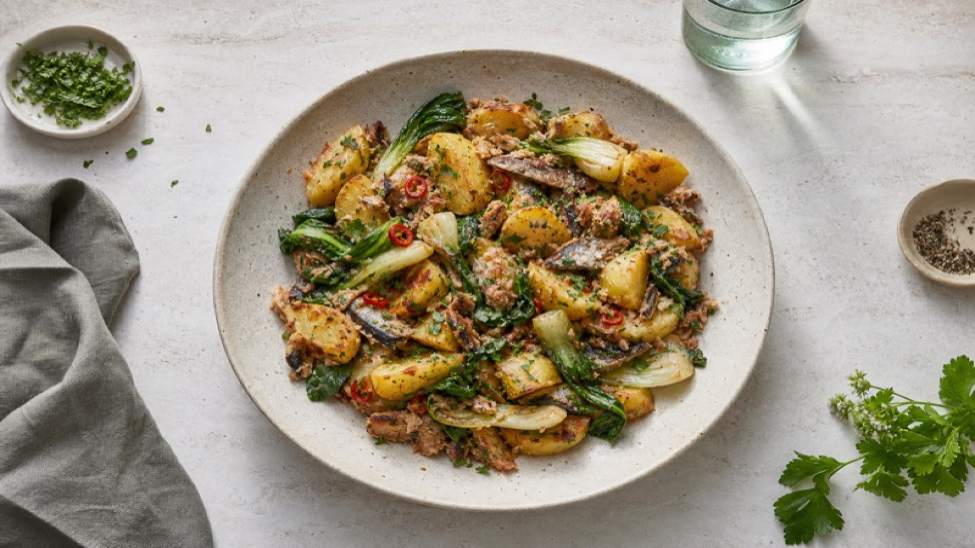 Würziger Kartoffel-Sardinen-Hash mit Pak Choi