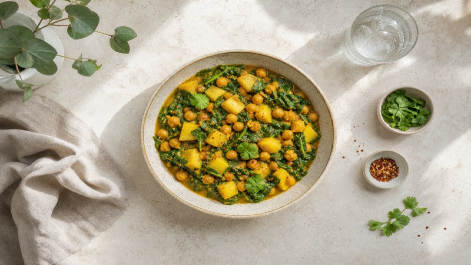 Würziger Kartoffel-Spinat-Curry mit Kichererbsen