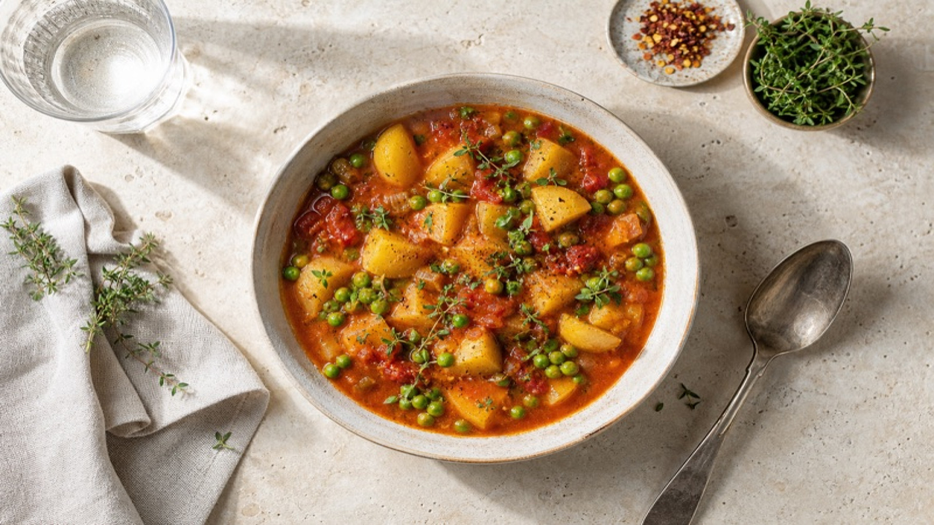 Würziger Kartoffel-Tomaten-Eintopf mit Erbsen