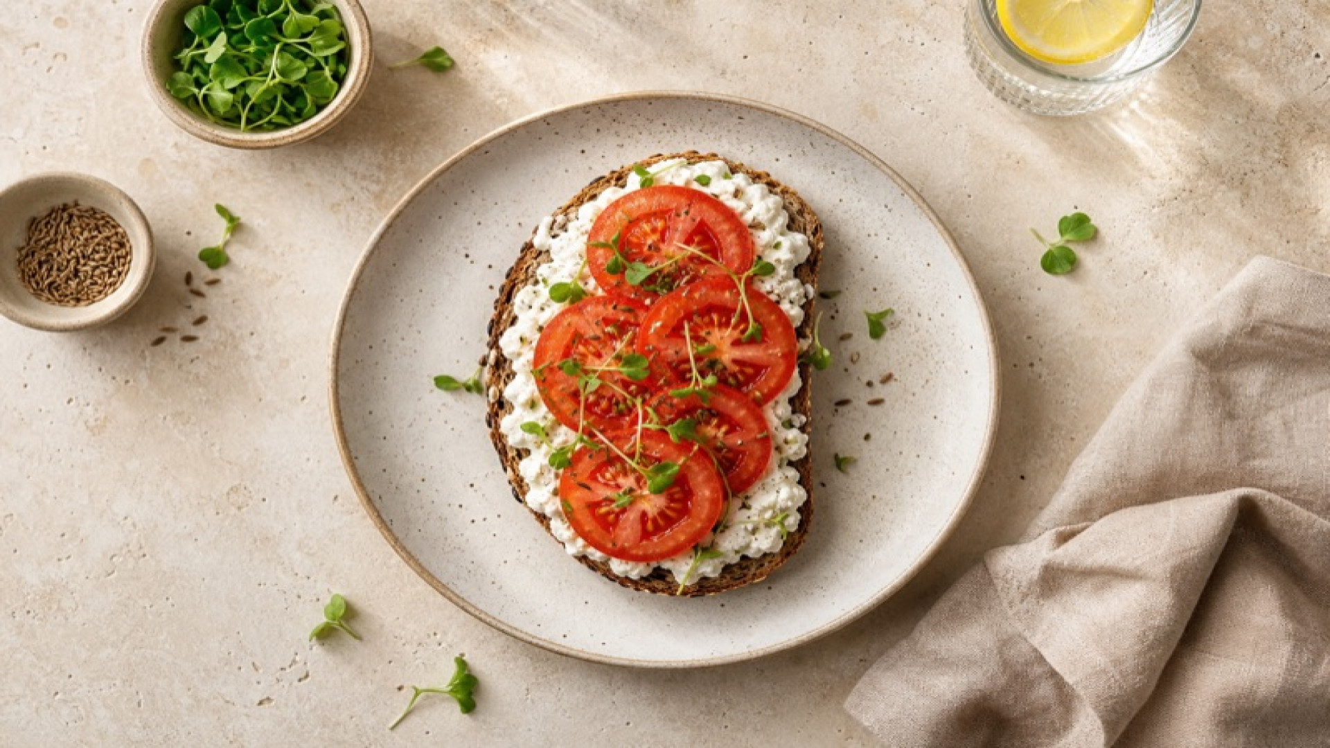 Würziger Körniger-Frischkäse-Toast mit Tomate und Kümmel-Brot