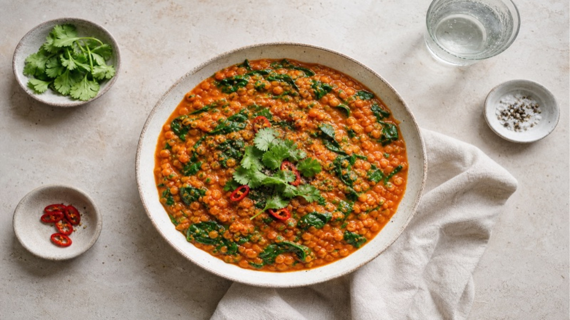 Würzige Rote-Linsen-Dal-Pfanne mit Spinat