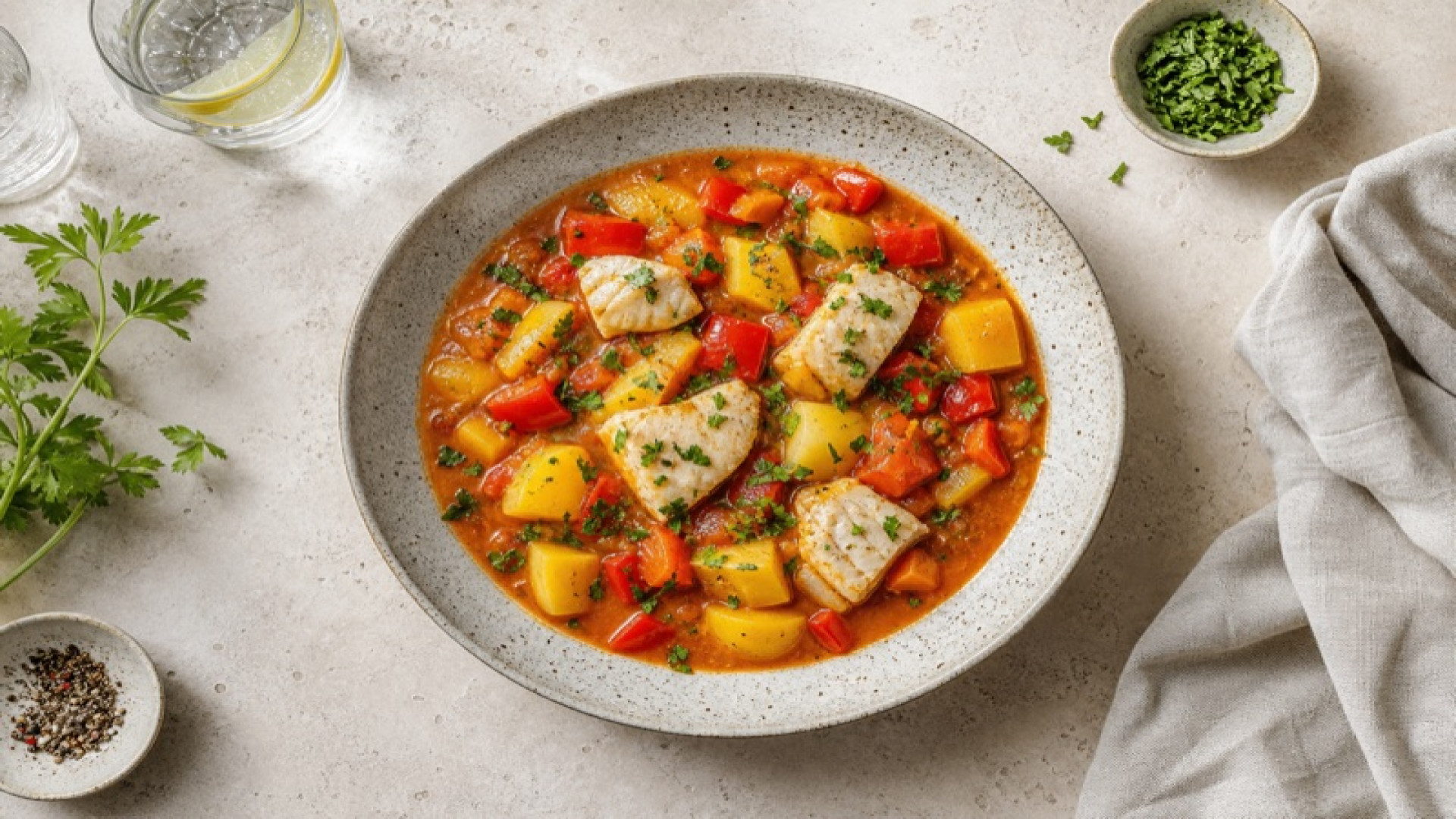 Würziger Pangasius-Kartopf-Eintopf mit Paprika und Tomate