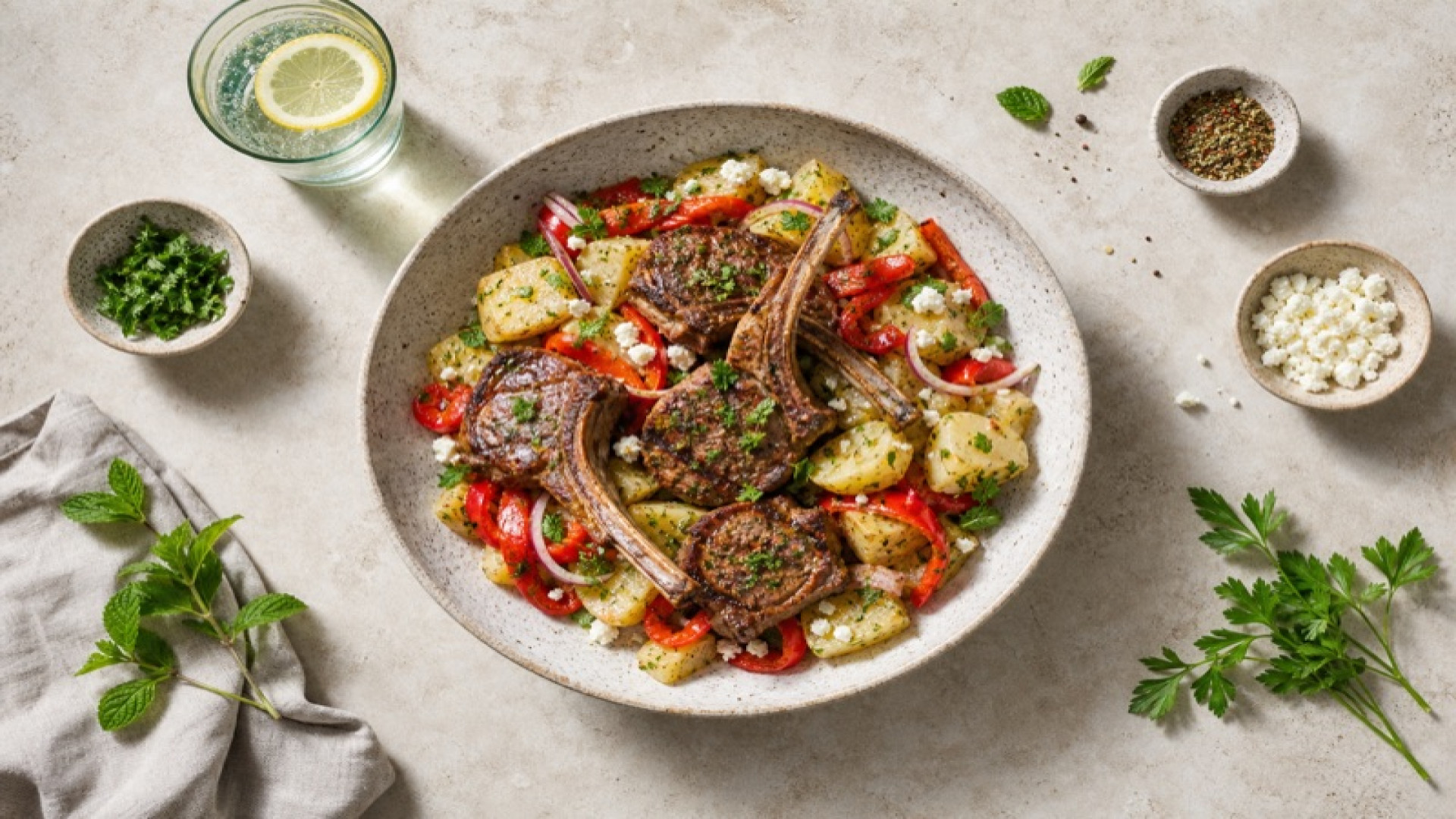 Würziger Schaf-Kotelett-Kartoffelsalat mit gegrillter Paprika
