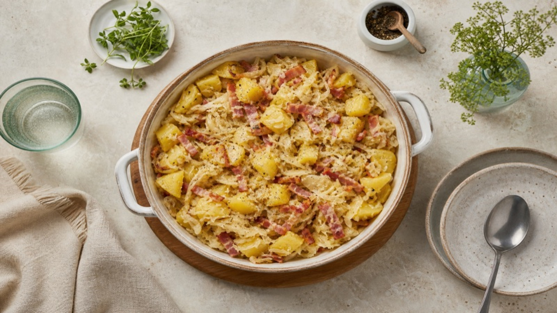 Würziger Schinkenspeck-Kartoffel-Topf mit Weißkohl