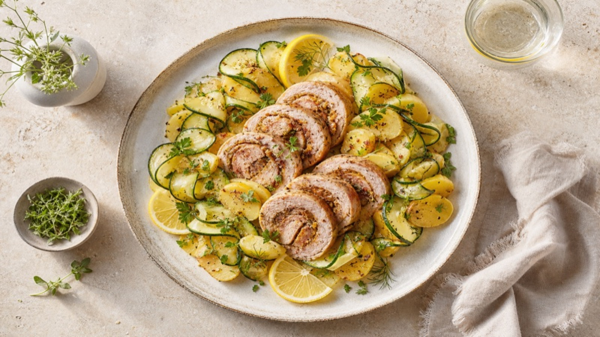 Würziger Schweine-Rouladen-Kartoffelsalat mit Zucchini und Zitrone