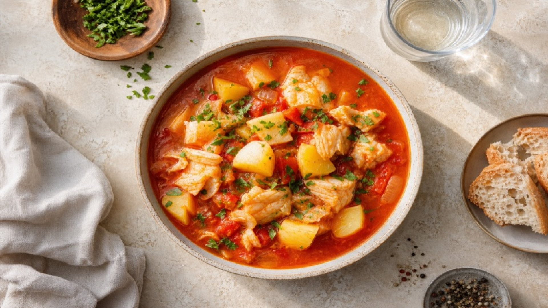 Würziger Stockfisch-Eintopf mit Kartoffeln und Tomatenmark