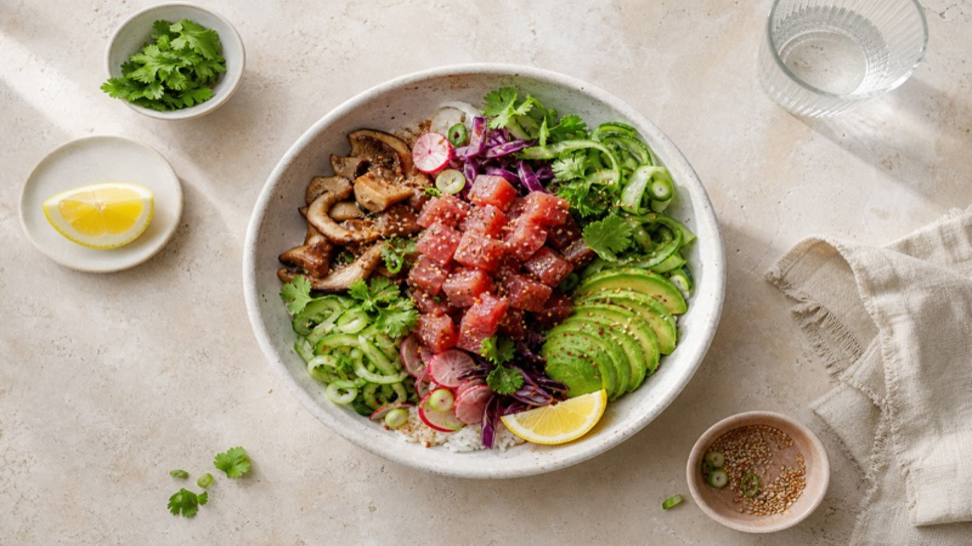 Würziger Thunfisch-Bowl mit Austernpilzen und Zitrone