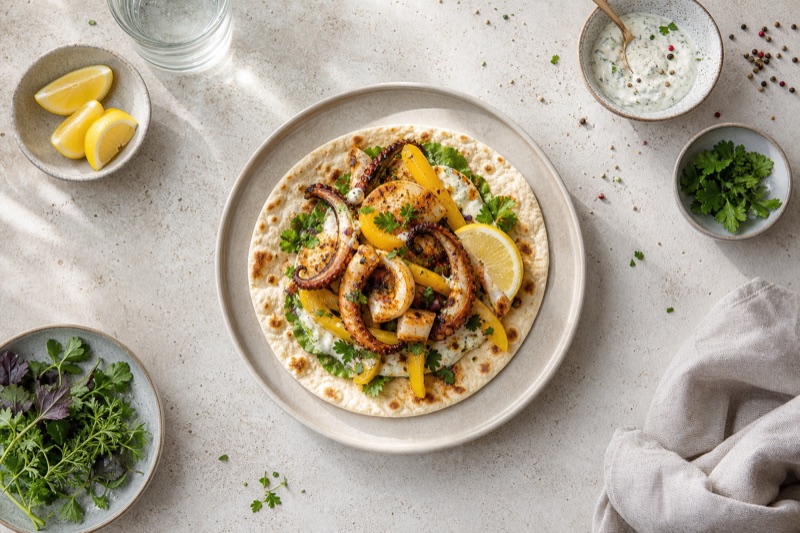 Würziger Tintenfisch-Fladenbrot-Wrap mit gelbem Gemüsepaprika und Zitrone