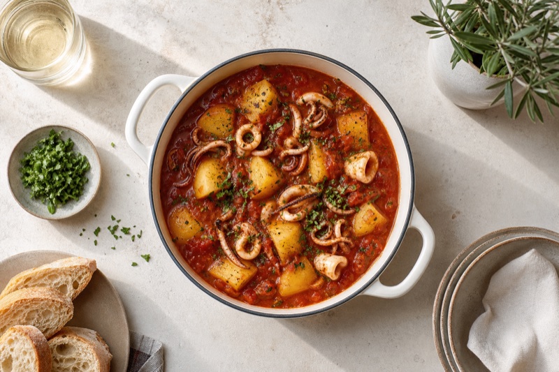 Würziger Tintenfisch-Kartoffel-Topf mit Dosentomaten
