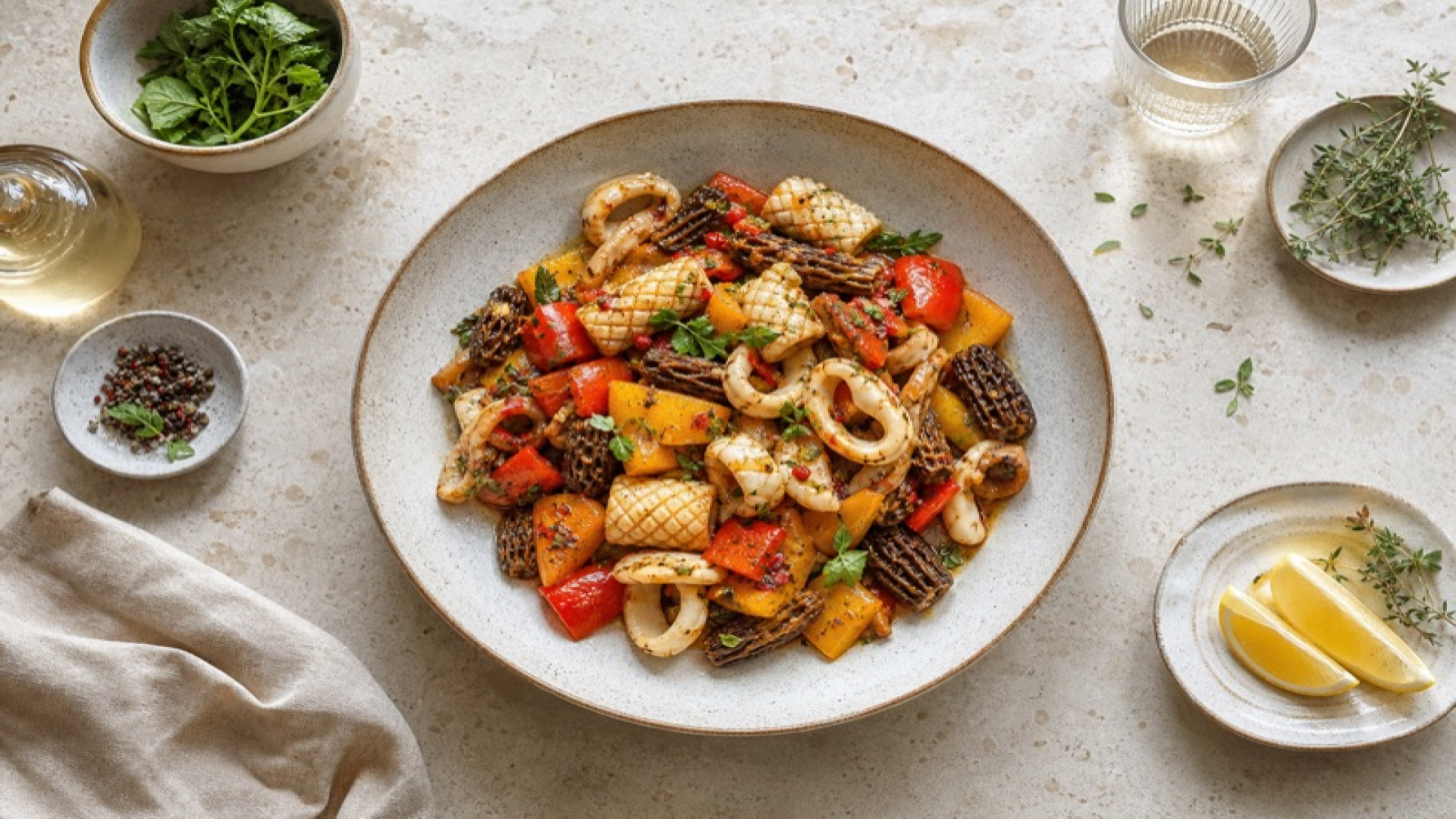 Würziger Tintenfisch mit Paprika und Morcheln