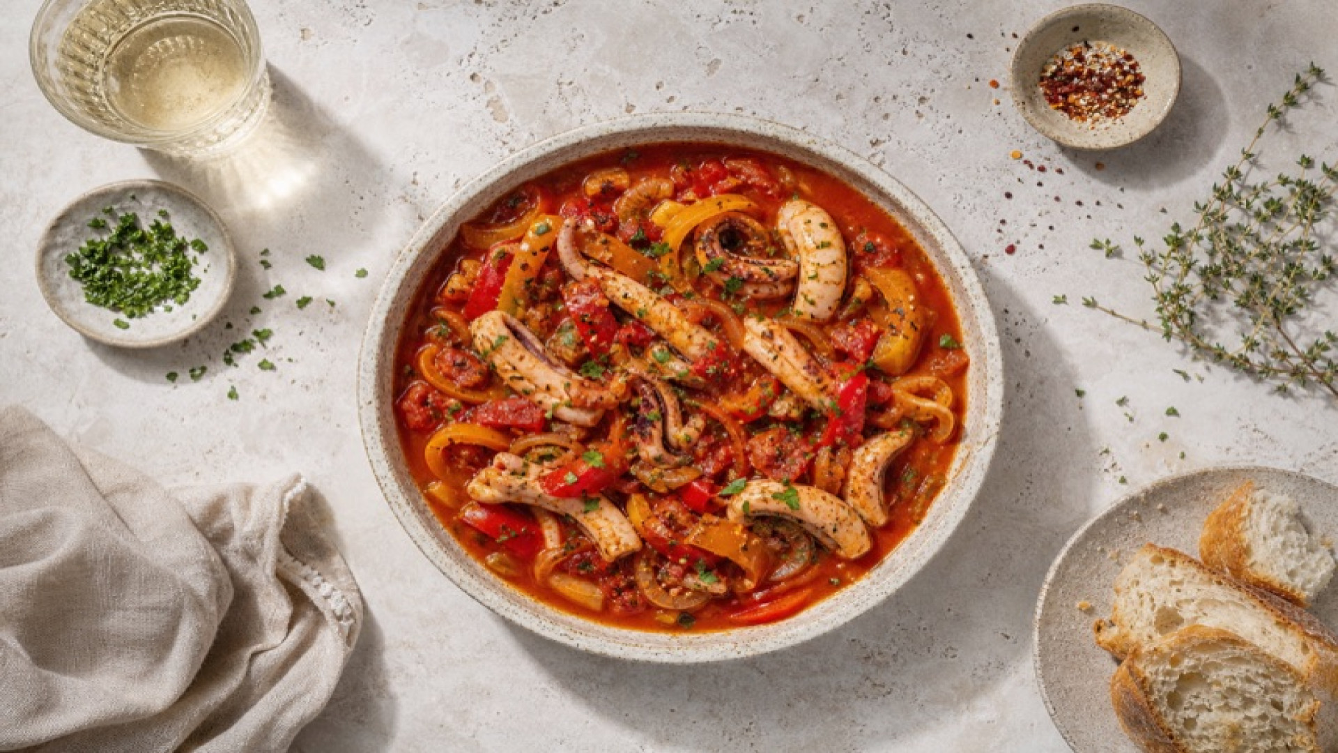 Würziger Tintenfisch-Paprika-Topf mit Dosentomaten