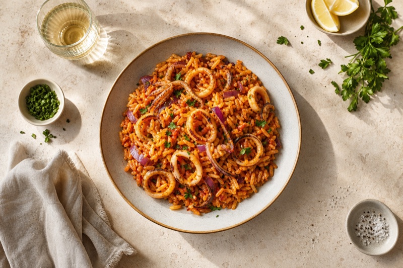 Würziger Tintenfisch-Reis mit Tomatenmark und Roten Zwiebeln