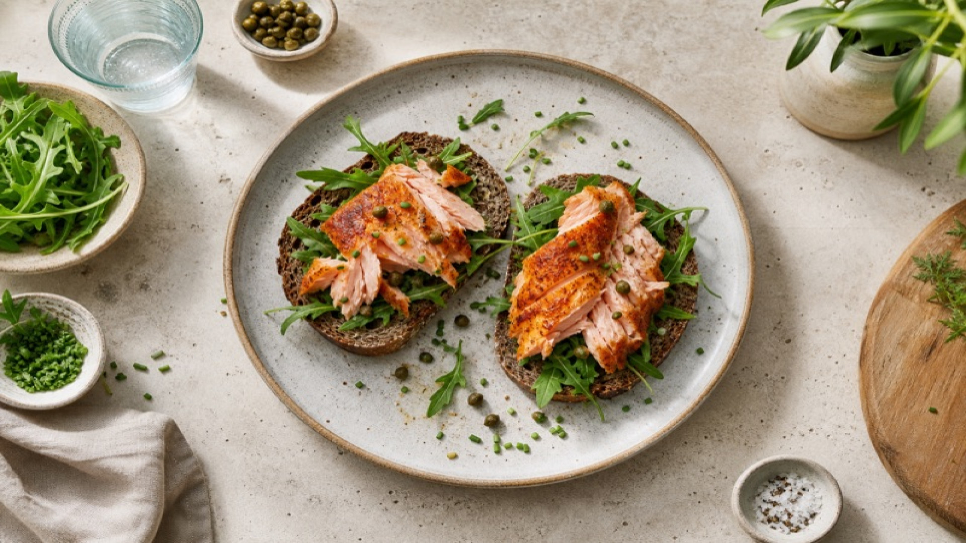 Würzige Räucherforelle auf Roggenbroten mit Rucola