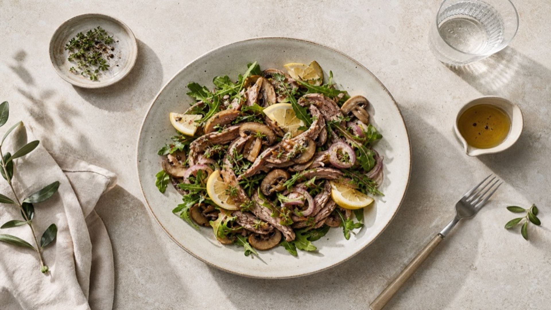 Würziger Wildkaninchen-Salat mit Champignons und Zitrone