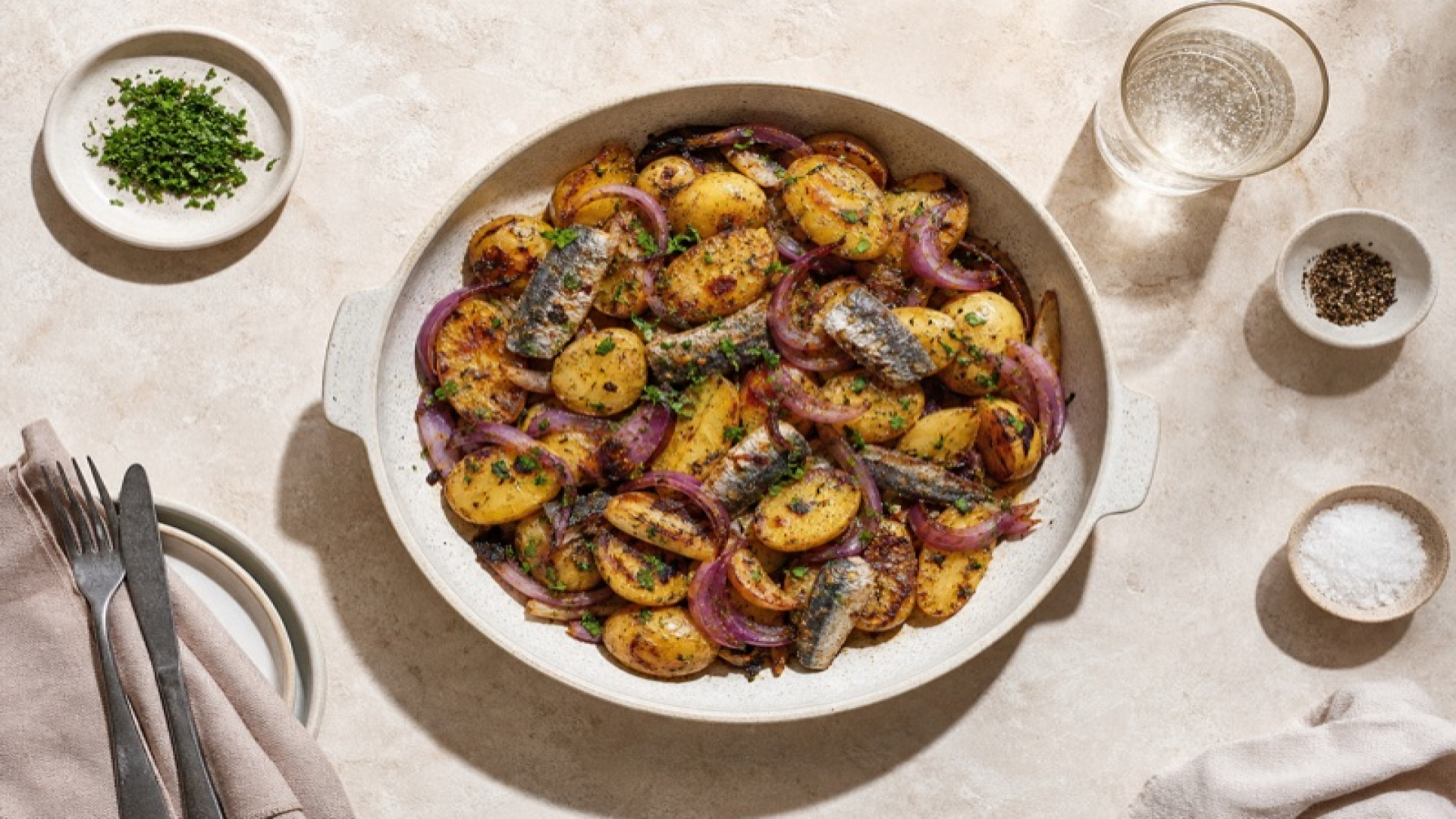 Würzige Sardellen-Kartoffel-Pfanne mit Roter Zwiebel
