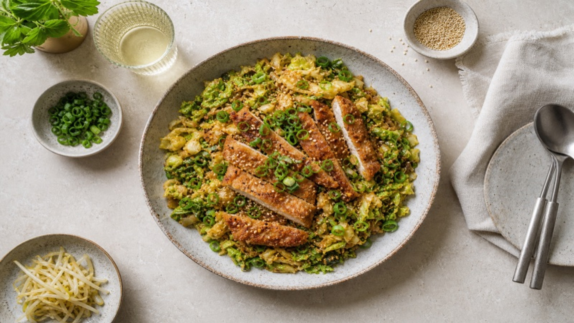 Würzige Schnitzel-Wirsing-Pfanne mit Miso und Knoblauch