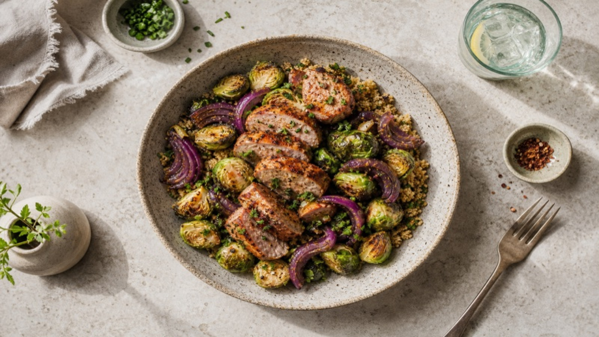 Würzige Schweinefilet-Bowl mit Rosenkohl und Roten Zwiebeln