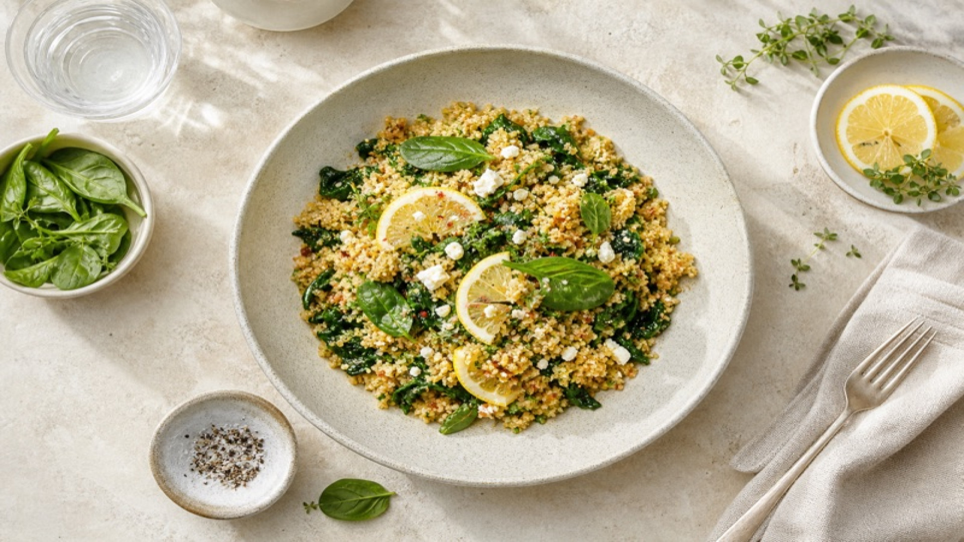 Würziges Couscous-Frühstück mit Spinat und Zitrone