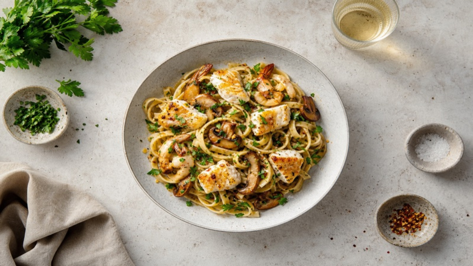 Würzige Seehecht-Pasta mit Steinpilzen und Petersilie