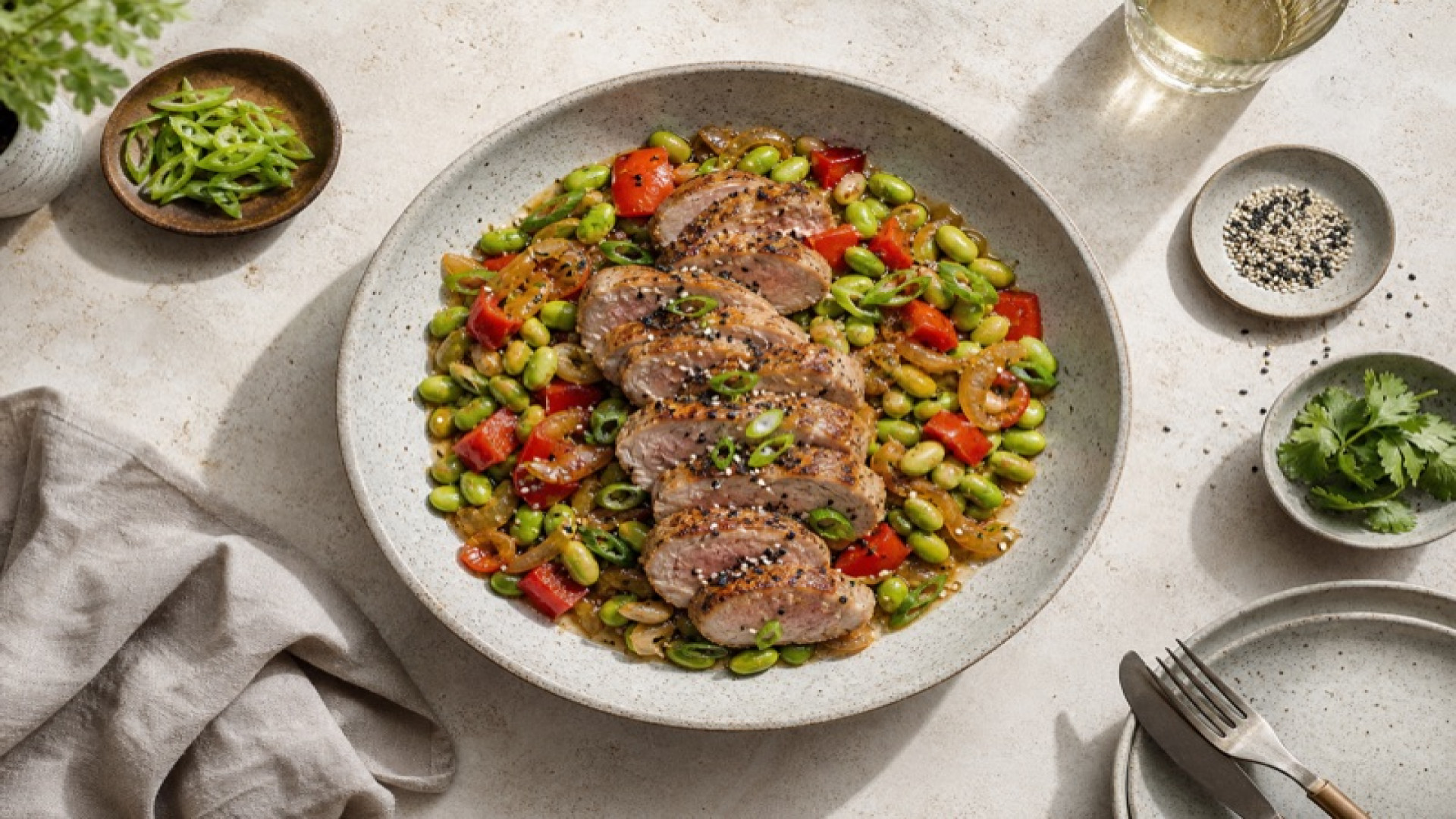 Würzige Sojabohnen-Pfanne mit gebratenem Schweinefilet