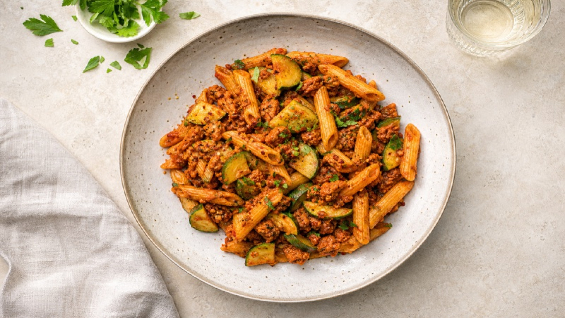 Würzige Sojaschnetzel-Pasta mit Tomatenmark und Zucchini