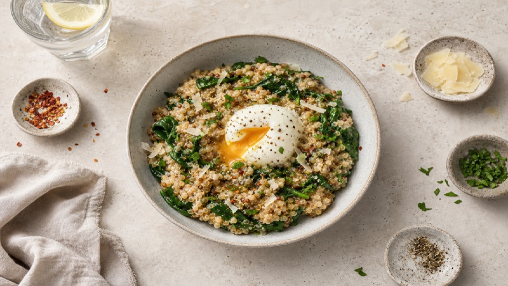 Würziges Quinoa-Porridge mit Babyspinat und Ei