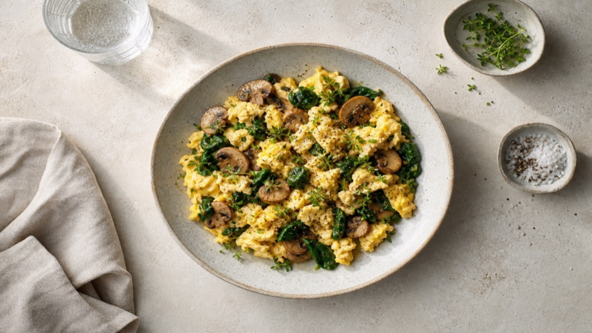Würziges Rührei mit Babyspinat und Champignons