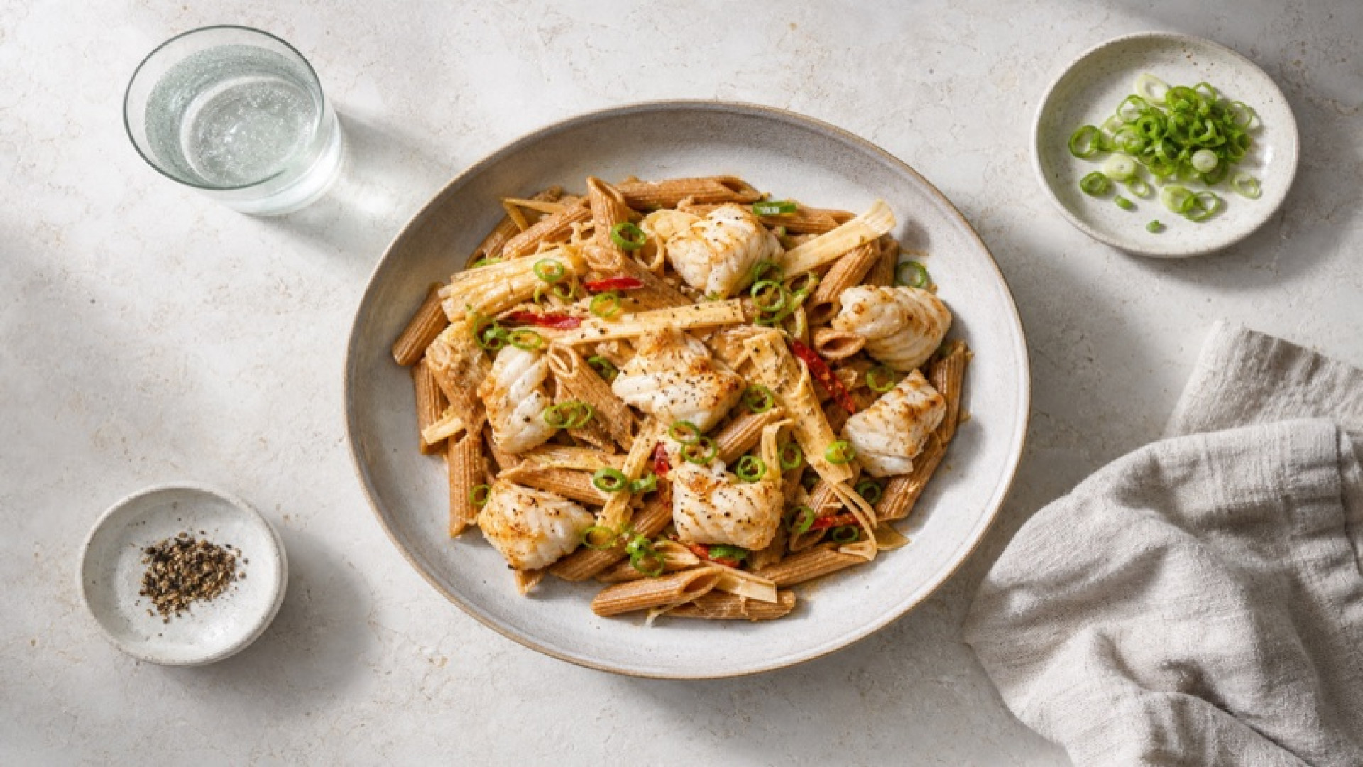 Würzige Vollkorn-Pasta mit Dorsch und Bambussprossen