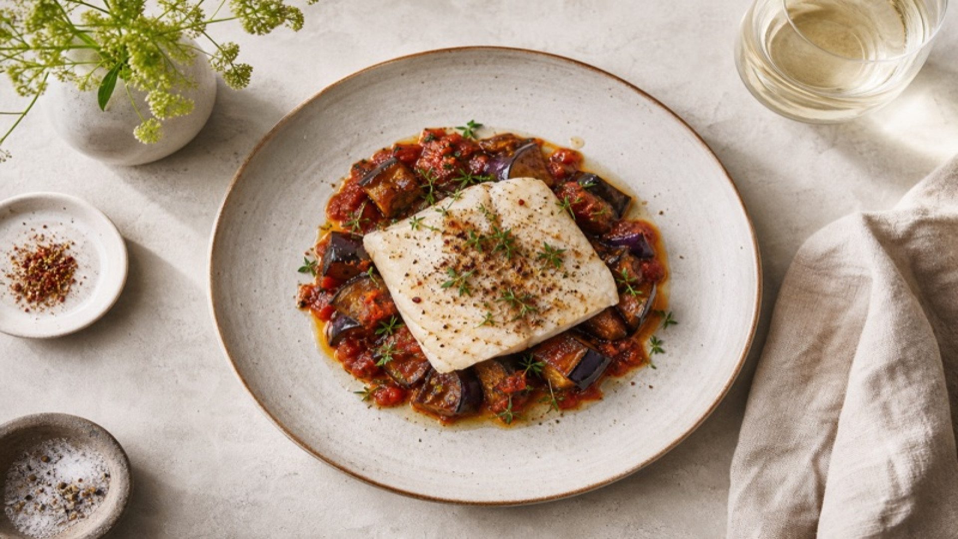 Zarter Katfisch auf gedünsteter Aubergine mit Tomatenmark