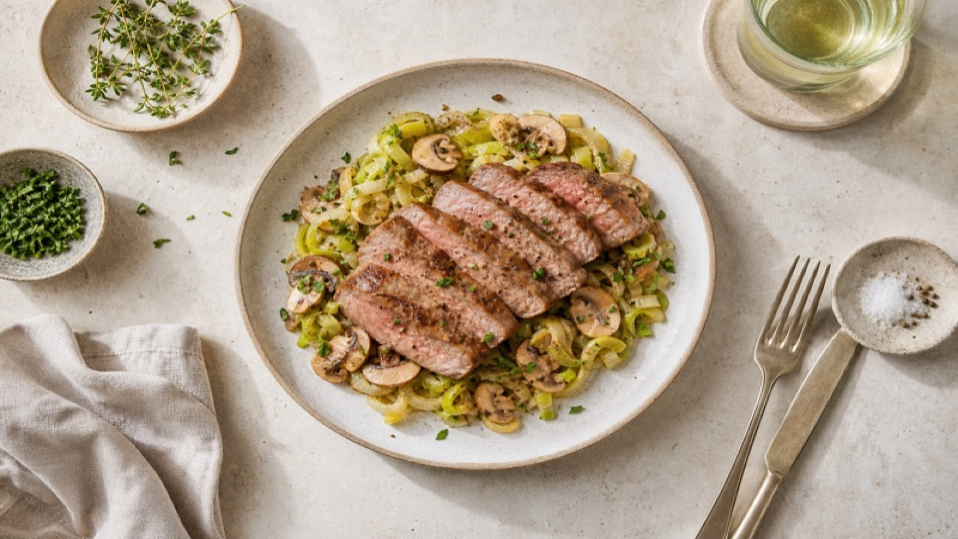 Zartes Kalbssteak auf Lauch-Champignon-Bett