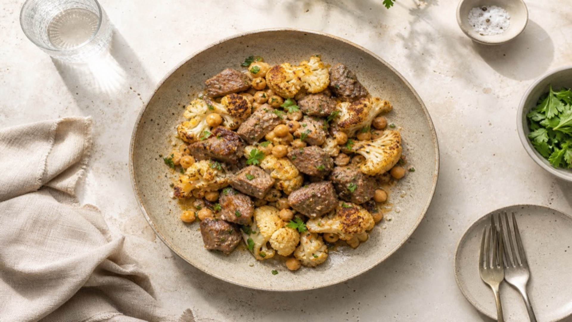 Zartes Lammfleisch mit Kichererbsen und Blumenkohl