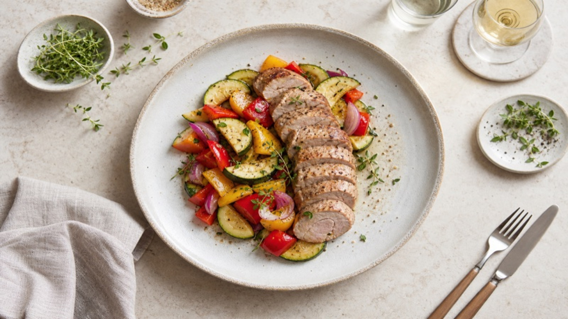 Zartes Schweinefilet mit buntem Zucchini-Paprika-Gemüse