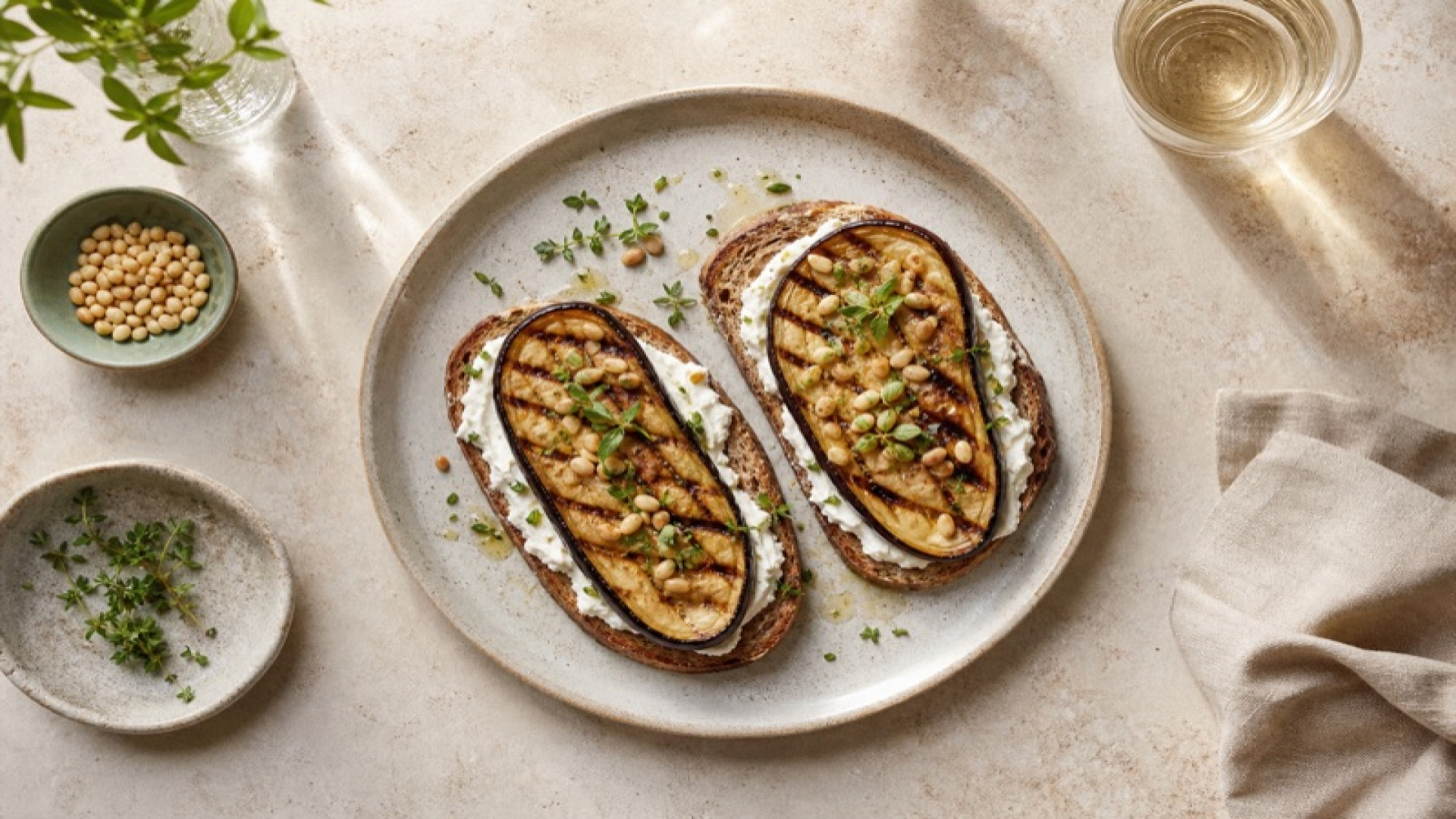 Ziegenfrischkäse-Brot mit gegrillter Aubergine