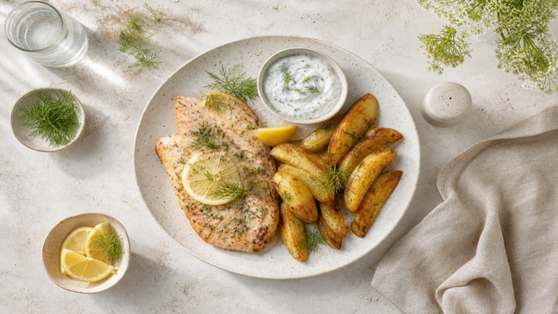 Zitronige Forellen-Kartoffelwedges mit Dill-Joghurt