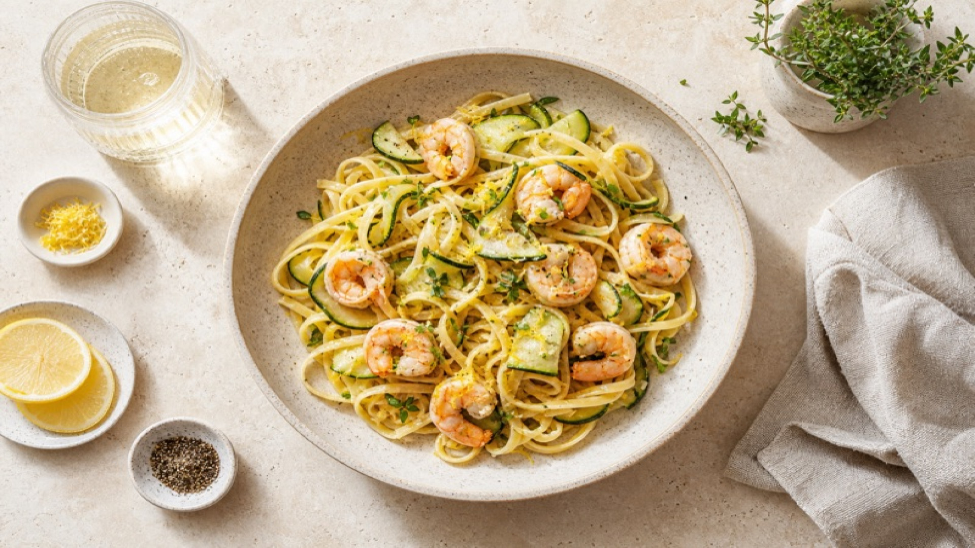 Zitronige Garnelen-Pasta mit Zucchini und Knoblauch