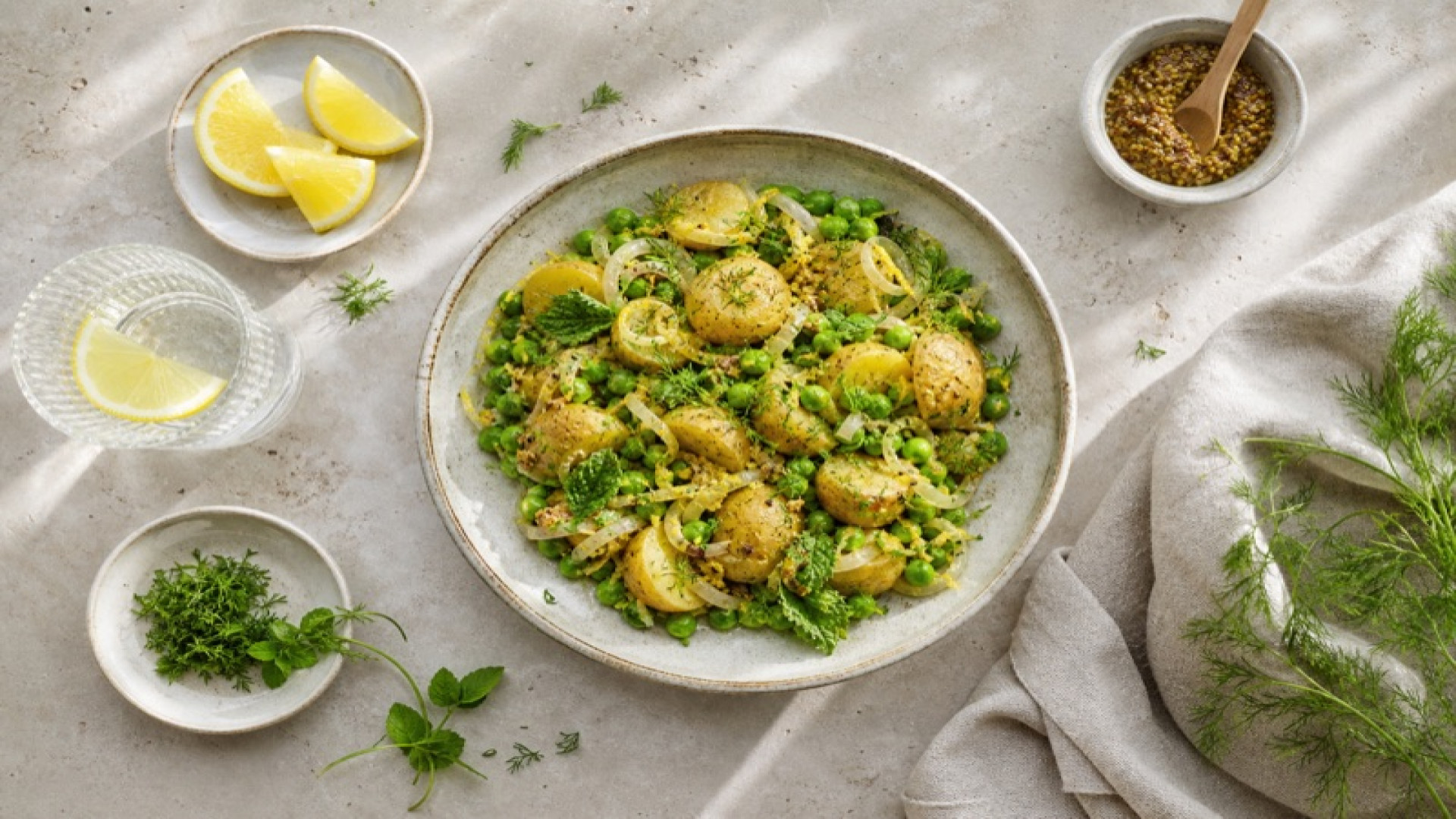 Zitronige Kartoffel-Erbsen-Bowl mit Senf