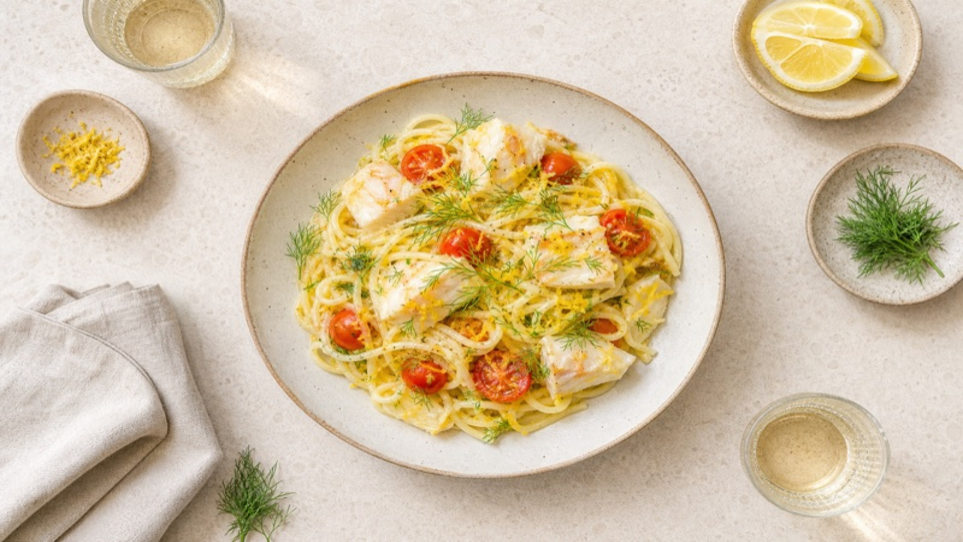 Zitronige Pangasius-Nudeln mit Kirschtomaten und Dill
