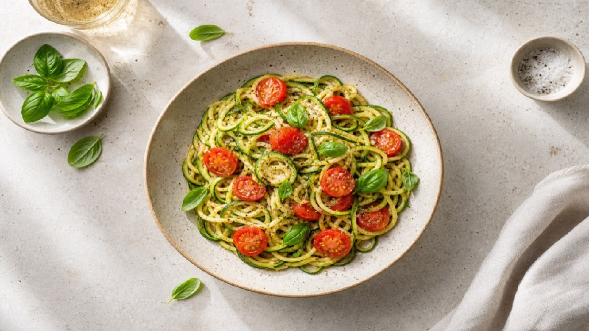 Zoodles mit Cocktailtomaten und Basilikum