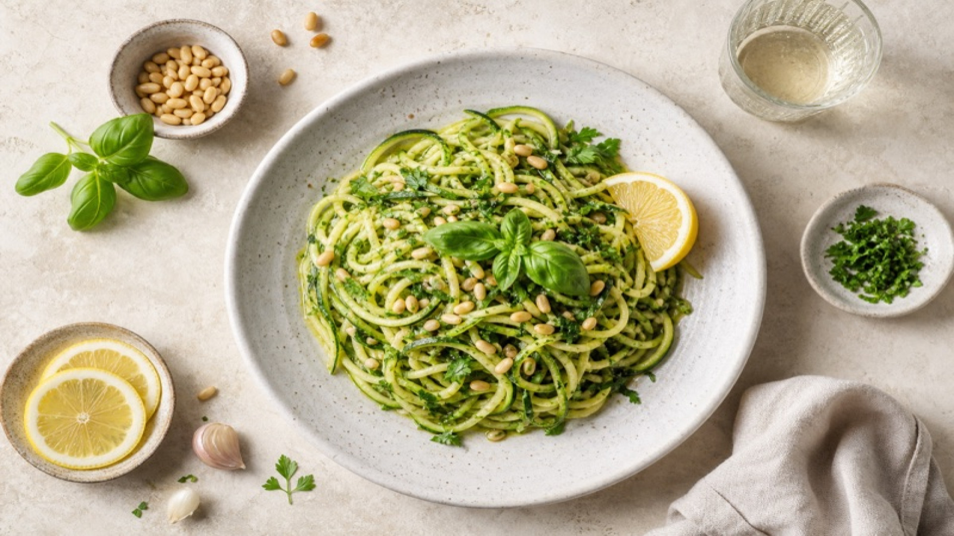 Zucchini-Spaghetti mit Basilikum
